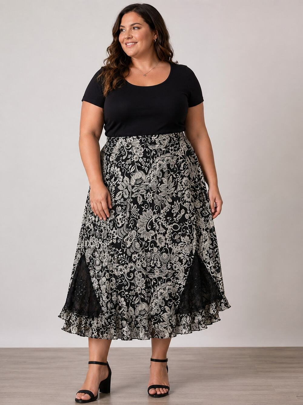 New York City Design Co Silk Midi Skirt Beaded Lace Boho 22W Gothic Romantic